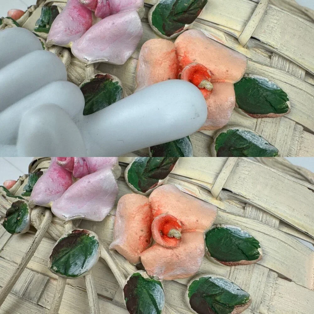 Vtg Wall Basket White Wicker Flowers Rose Green‎ Leaves Hard Rustic Wedding READ